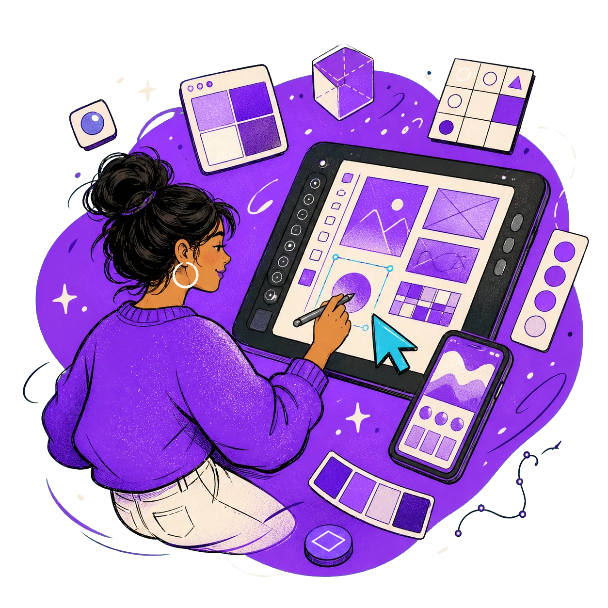 Illustratrice al lavoro su interfacce, app e sistemi visivi