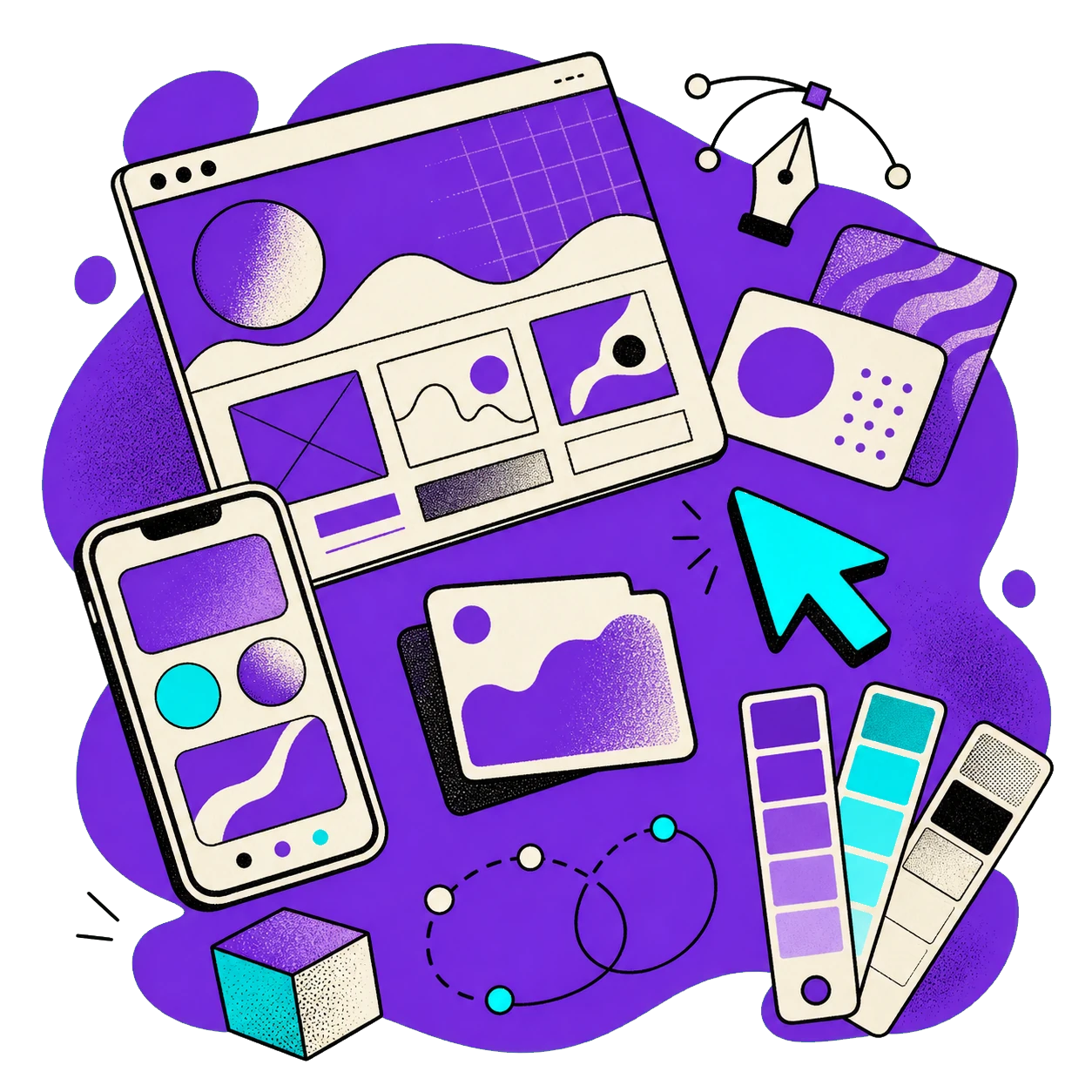 Collage illustrato di elementi per web, app e motion design