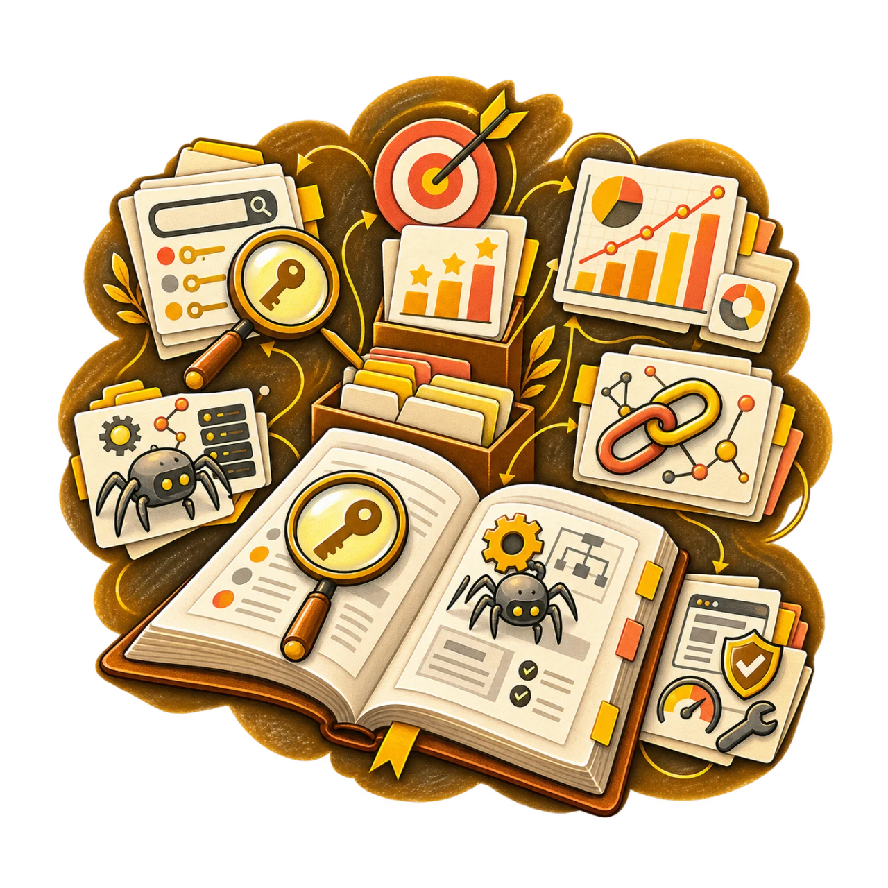 Libro aperto e schede collegano i concetti essenziali di un glossario SEO