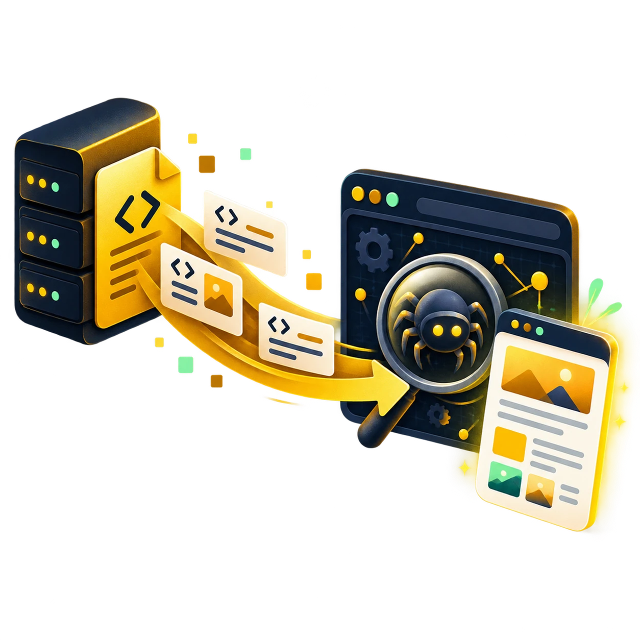 Flusso illustrato di documenti HTML dal server al crawler e alla pagina renderizzata