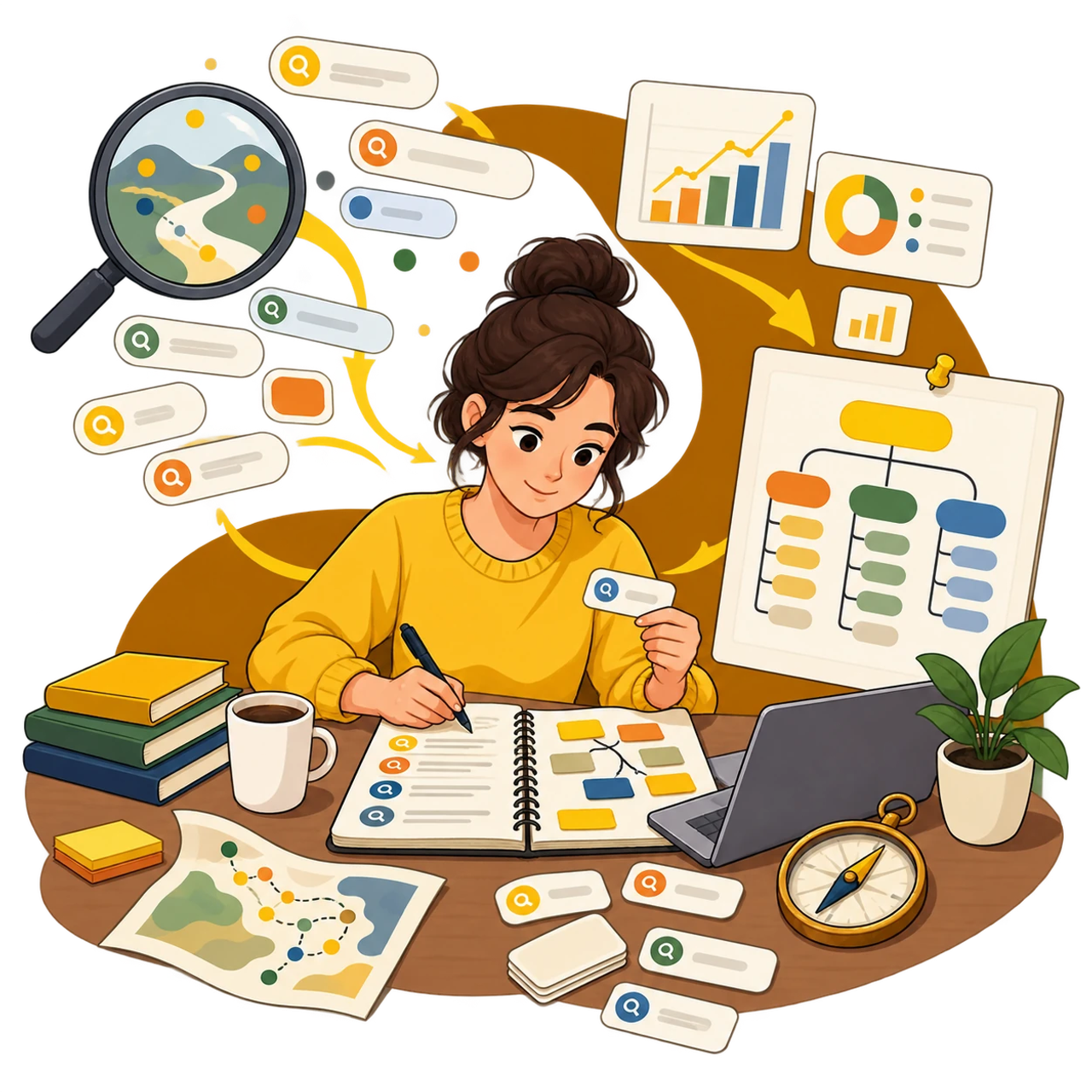 Ricercatrice organizza suggerimenti e segnali di ricerca in una mappa di keyword