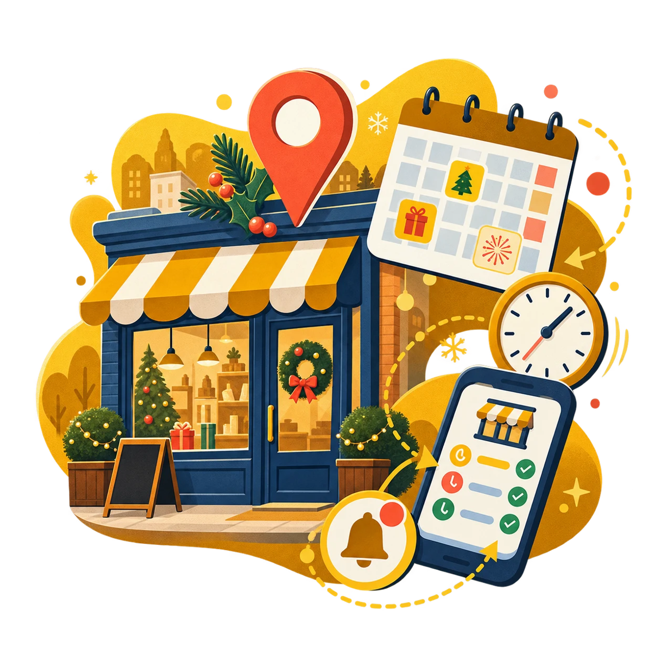 Negozio locale con calendario festivo, orologio e scheda Google aggiornata