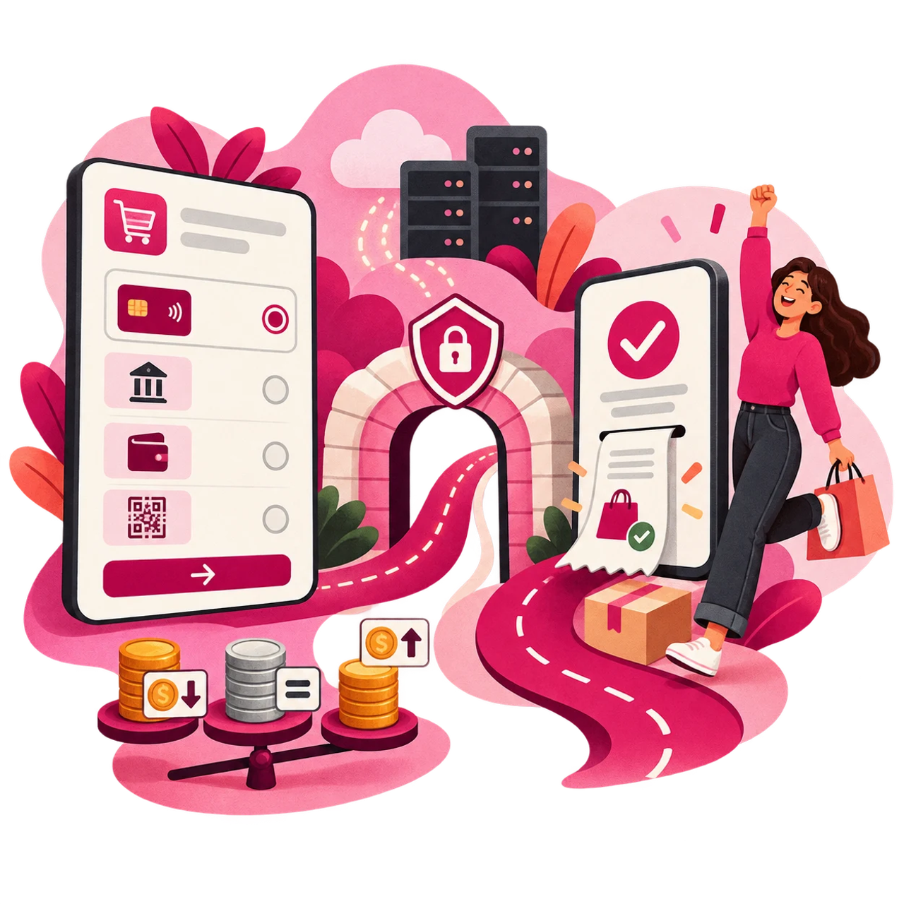 Checkout con metodi di pagamento multipli, gateway sicuro, costi a confronto e transazione completata