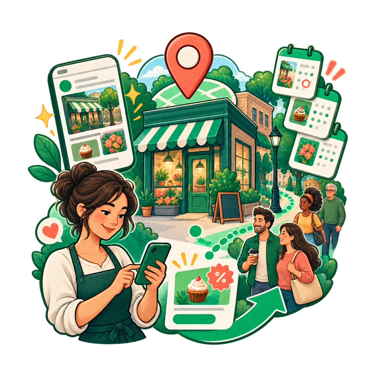 Commerciante prepara un post locale collegando negozio, posizione, offerta e clienti