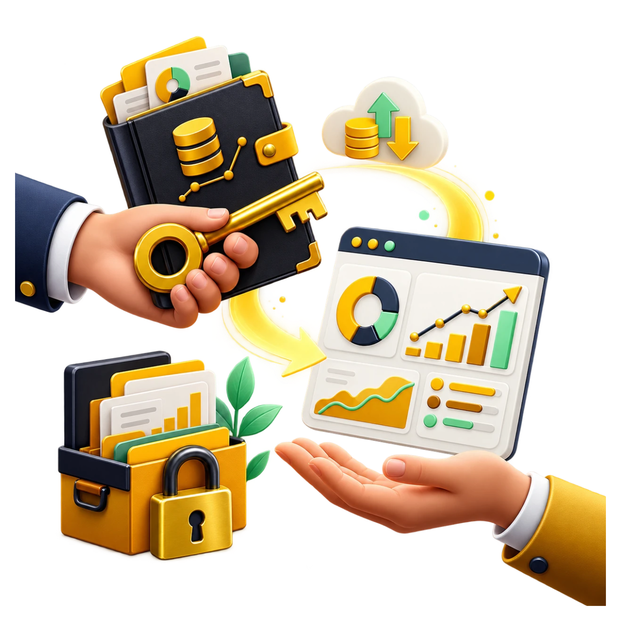 Mani con una chiave e un archivio consegnano l'accesso a un pannello analytics protetto