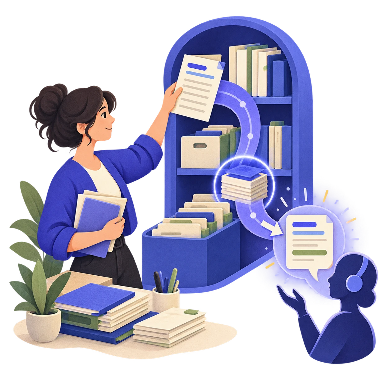 Editor che organizza documenti in un archivio prima che un assistente AI recuperi una risposta