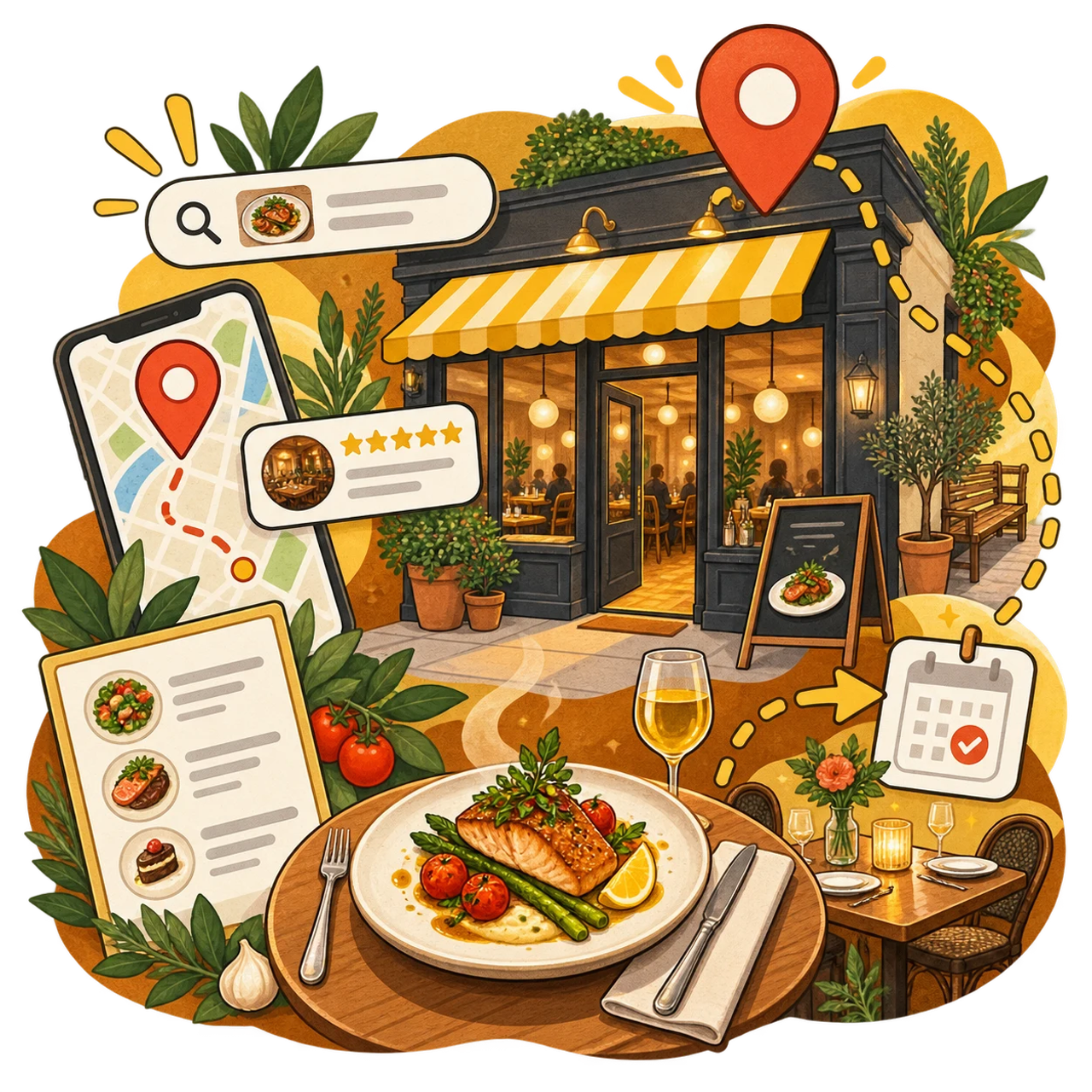 Ristorante con mappa, recensioni, menu e percorso verso una prenotazione