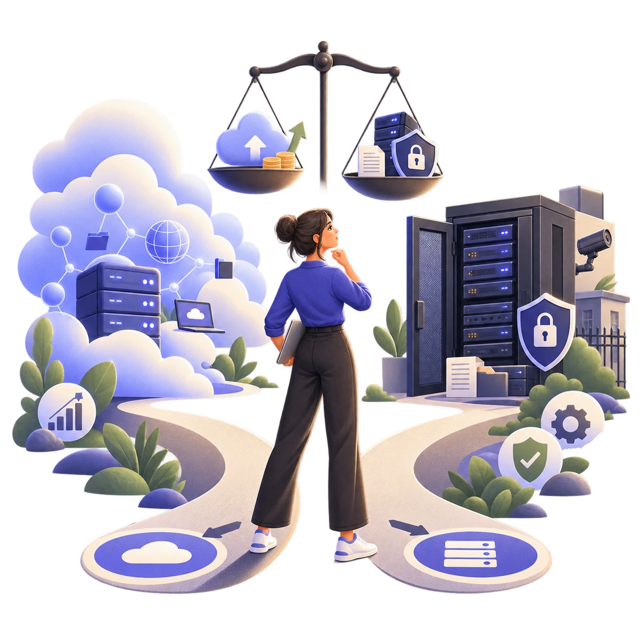 Responsabile IT che confronta infrastruttura cloud e server aziendale prima di scegliere