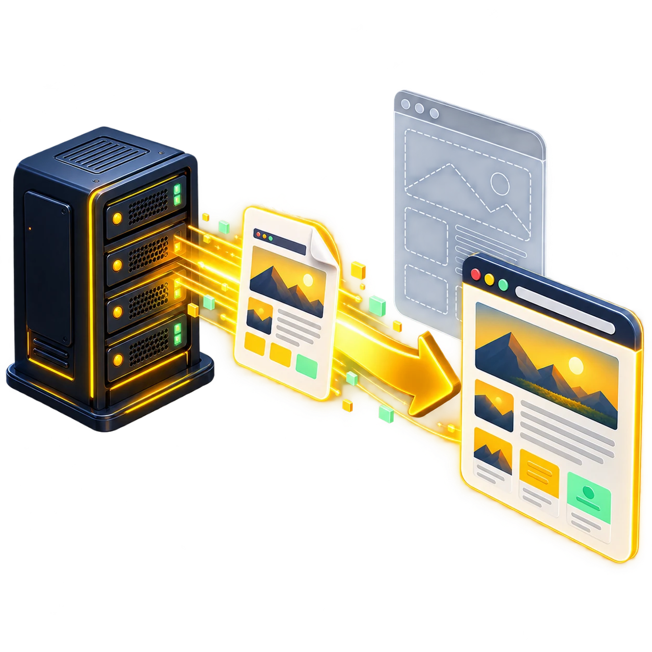 Server che invia una pagina HTML completa verso un browser mentre un guscio vuoto resta sullo sfondo